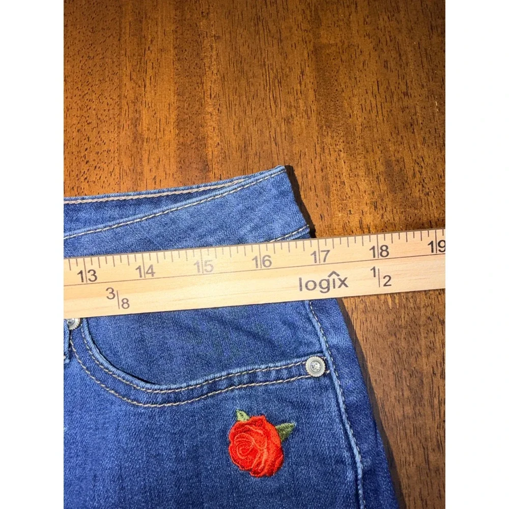 Hydraulic Denim Skirt Women 12 Blue Excellent Rose Embroidered Raw Hem Mini